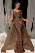 Evening Gown Dark Brown Sequined Lace Tulle Overskirt Mermaid Maxi Dress