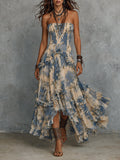 Elegant strapless printed chiffon maxi dress with  ruffles