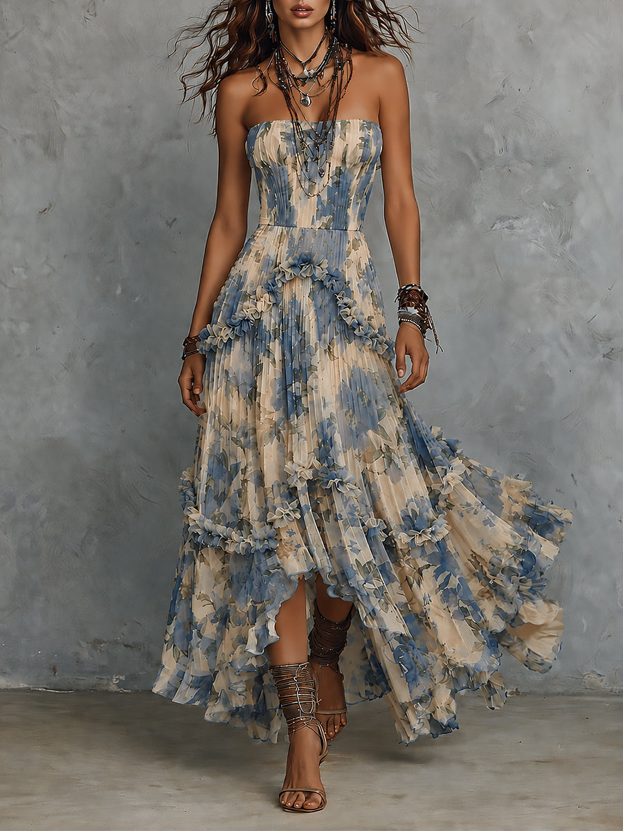 Elegant strapless printed chiffon maxi dress with  ruffles