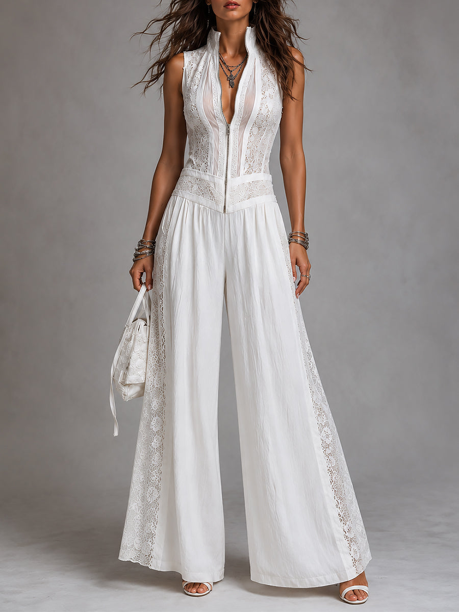 Vintage stand-collar wide-leg jumpsuit with lace paneling