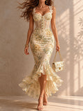 Romantic Floral Midi Mermaid Dress with Lace Trim