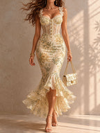 Romantic Floral Midi Mermaid Dress with Lace Trim