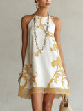 White Gold Printed Lace Trim Mini Dress