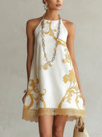 White Gold Printed Lace Trim Mini Dress