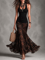 Retro Black cami and brown printed mesh skirt set