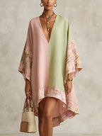 Green and Pink Color-Block Floral-Trim Midi Dress