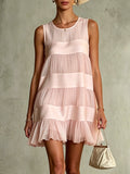 Light Pink Layered Pleated Chiffon Satin Patchwork Mini Dress