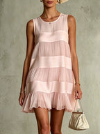Light Pink Layered Pleated Chiffon Satin Patchwork Mini Dress