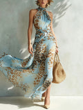 Flowy blue leopard-print chiffon maxi dress