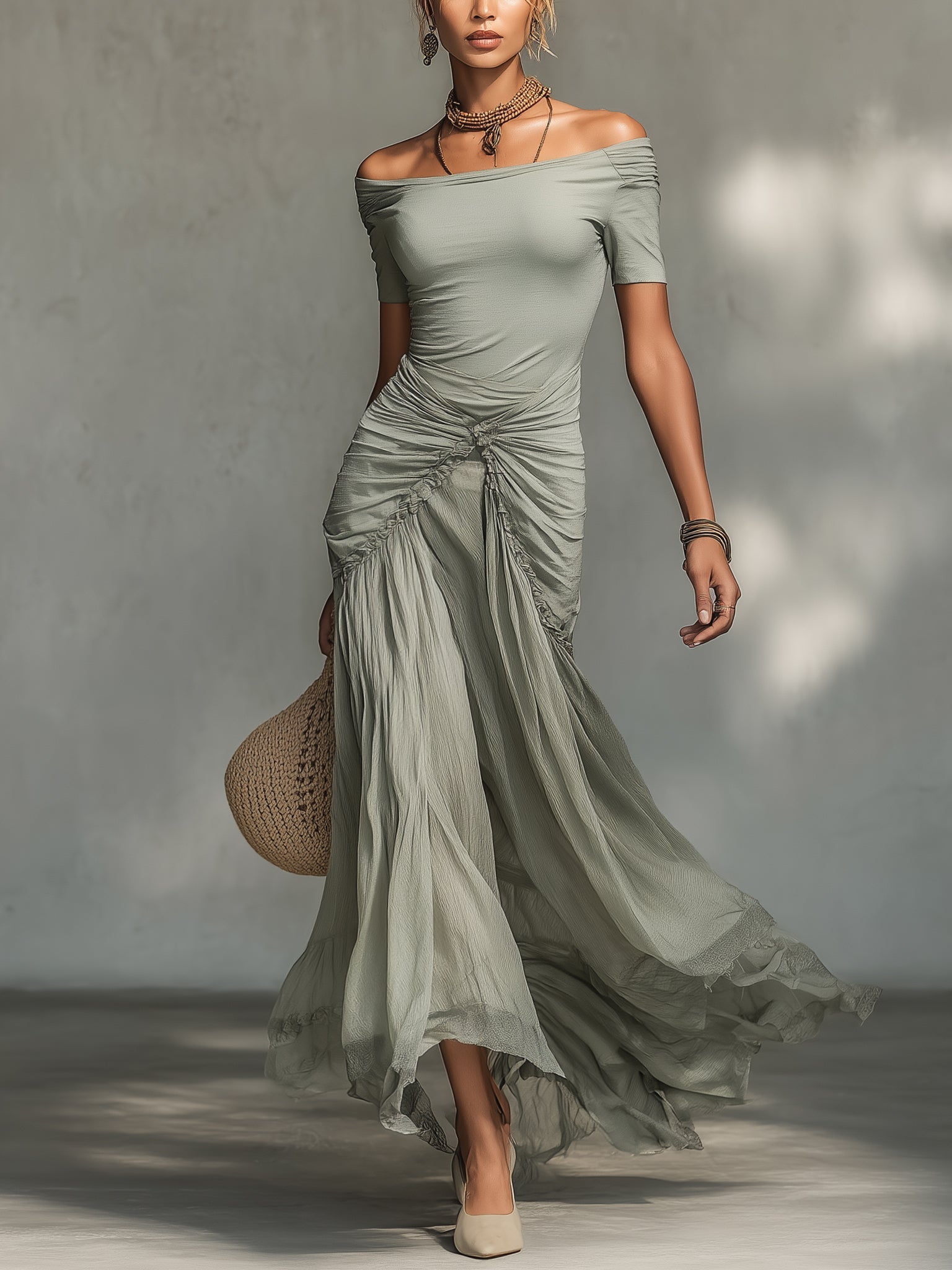 Grey Stretch Fabric And Chiffon Maxi Dress