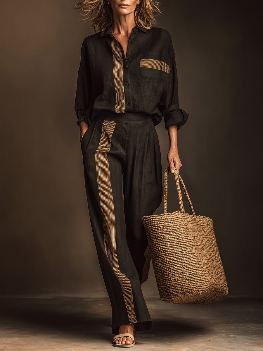 Retro Casual Color-Block Striped Two-Piece Set