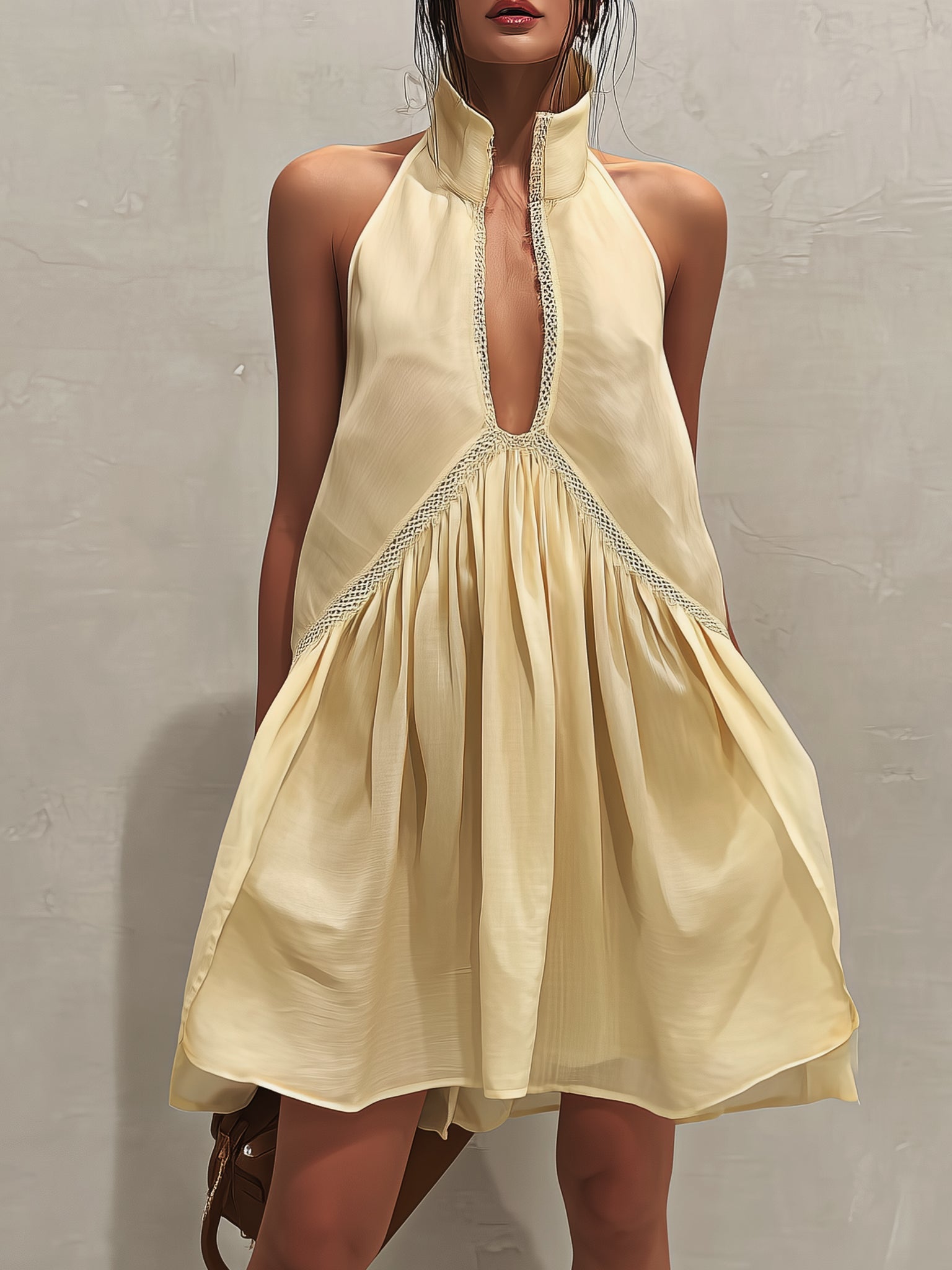 Yellow Sleeveless Mini Dress with Deep V-Neck and Lace Trim