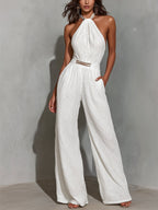 White Faux Cotton-Linen Halter-Neck Sleeveless Jumpsuit