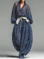 Casual Polka-Dot Chiffon Loose-Fit Long-Sleeve Top and Pants Set(Belt included)