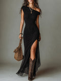 Boho Black Front Slit One-shoulder Maxi Dress With Side-split Hem