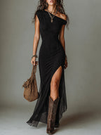 Boho Black Front Slit One-shoulder Maxi Dress With Side-split Hem