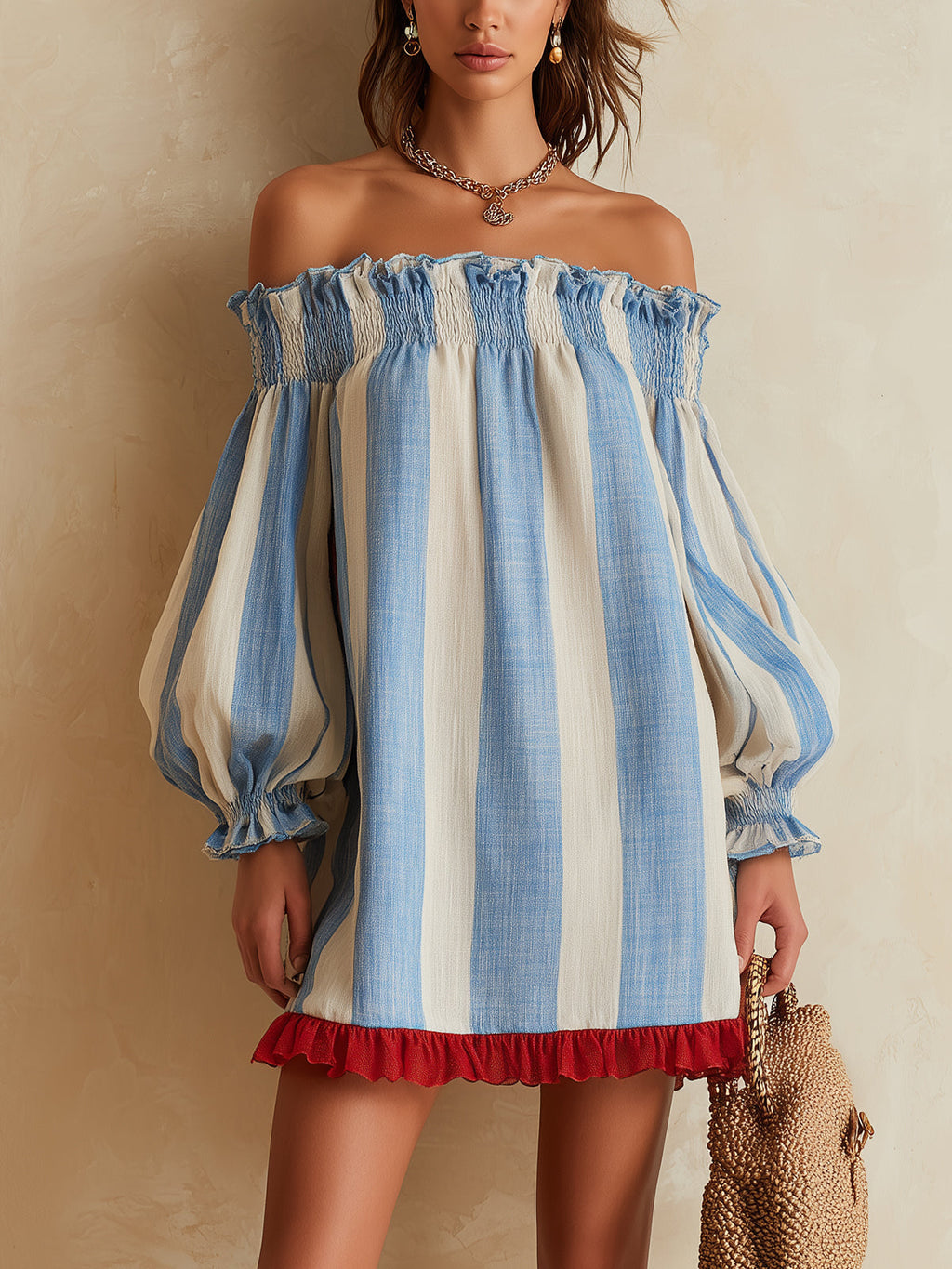 Blue and white striped off-the-shoulder mini dress with a contrasting hem