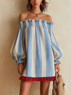 Blue and white striped off-the-shoulder mini dress with a contrasting hem