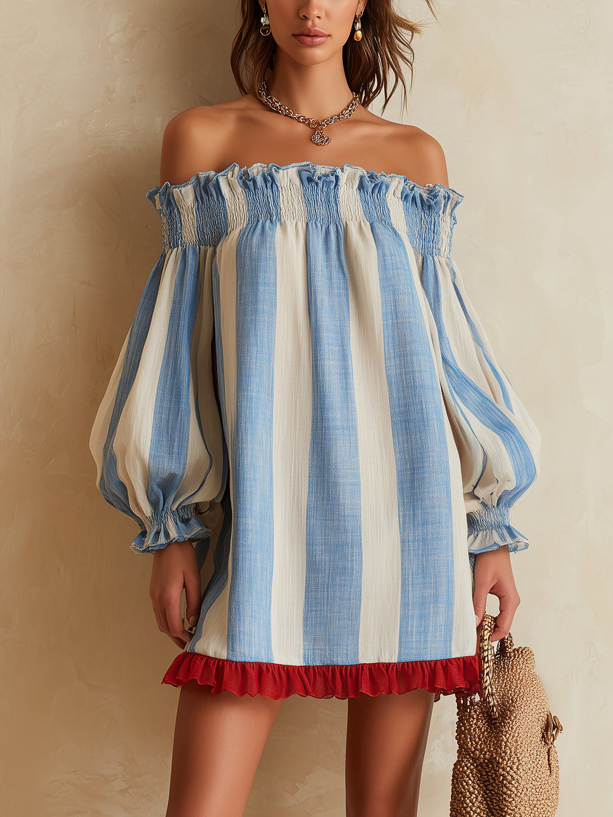 Blue and white striped off-the-shoulder mini dress with a contrasting hem