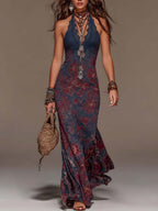 Retro Lace Halterneck Floral Fishtail Maxi Dress