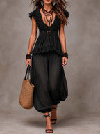 Black Bohemian V-Neck Lace Top and Harem Pants Set