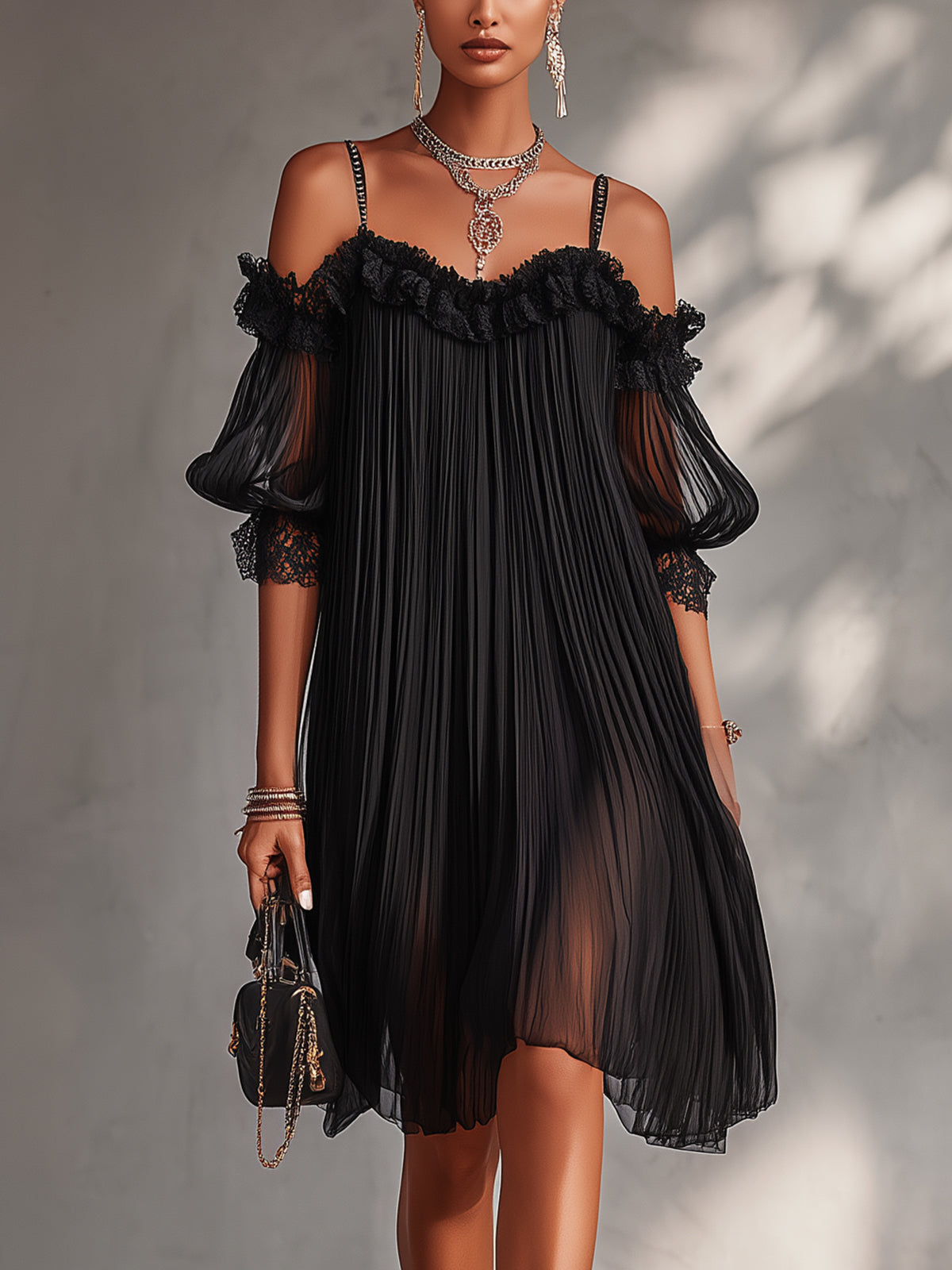 Black Off-Shoulder Chiffon Mini Dress with Lace Trim