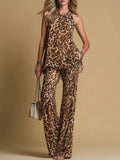 Elegant Leopard Print Sleeveless Chiffon Top And Flared Pants Set