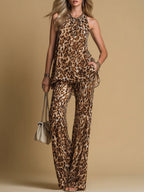 Elegant Leopard Print Sleeveless Chiffon Top And Flared Pants Set