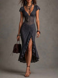 Dark Grey Pleated Lace Midi Dress