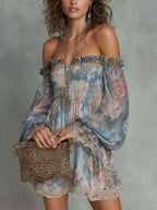 Romantic Floral Off-Shoulder Ruched Chiffon Mini Dress