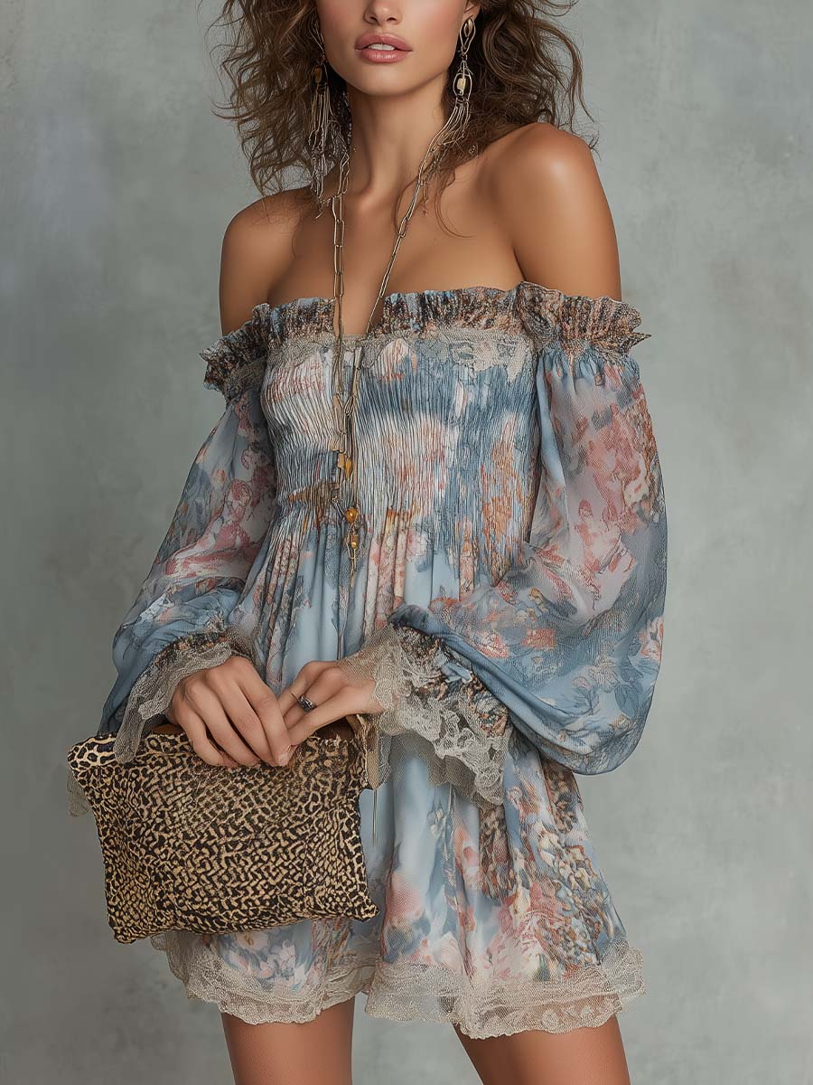 Romantic Floral Off-Shoulder Ruched Chiffon Mini Dress