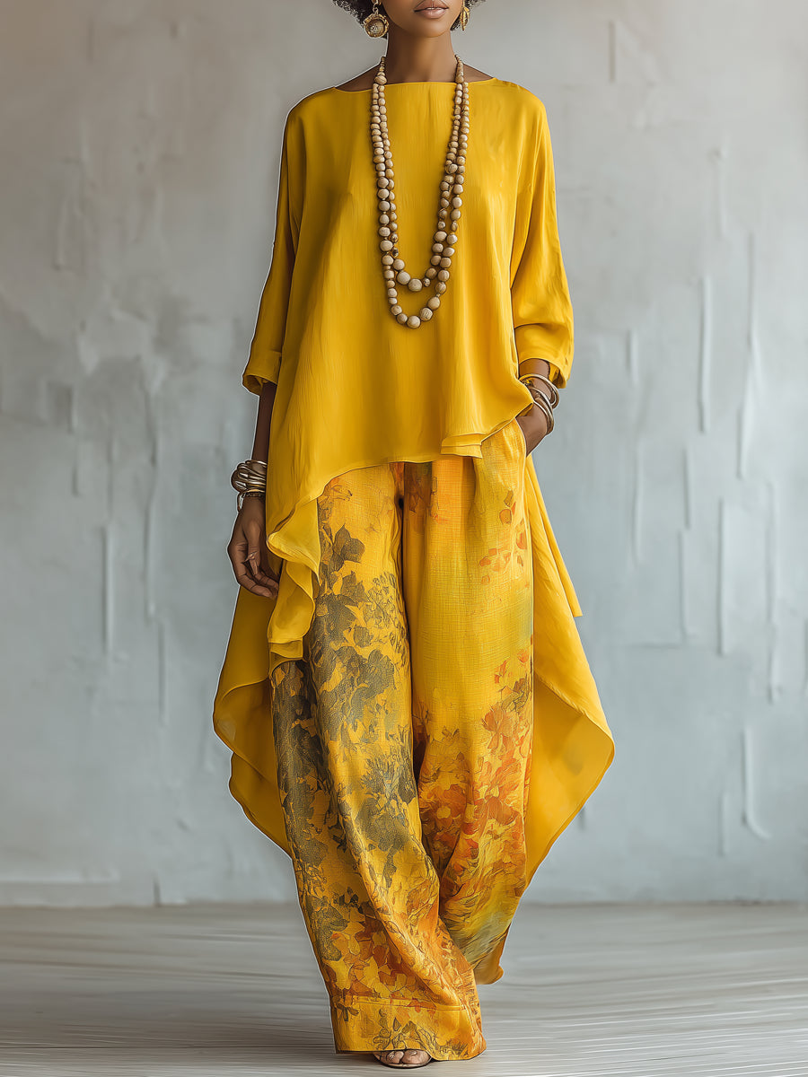 Yellow Asymmetrical Top and Floral Wide-Leg Pants Set
