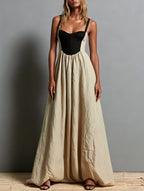 Khaki Sleeveless Maxi Dress with Square Neck and Color-Block Paneling