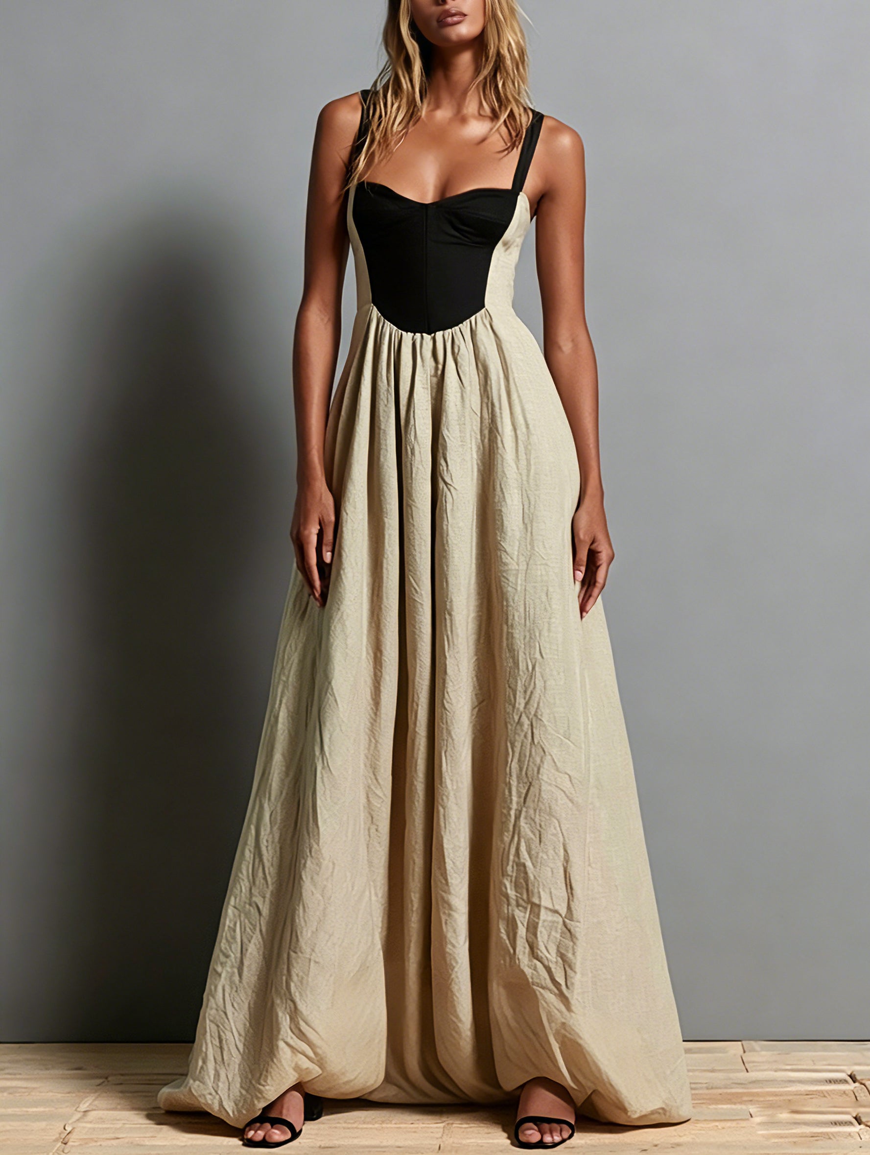 Khaki Sleeveless Maxi Dress with Square Neck and Color-Block Paneling