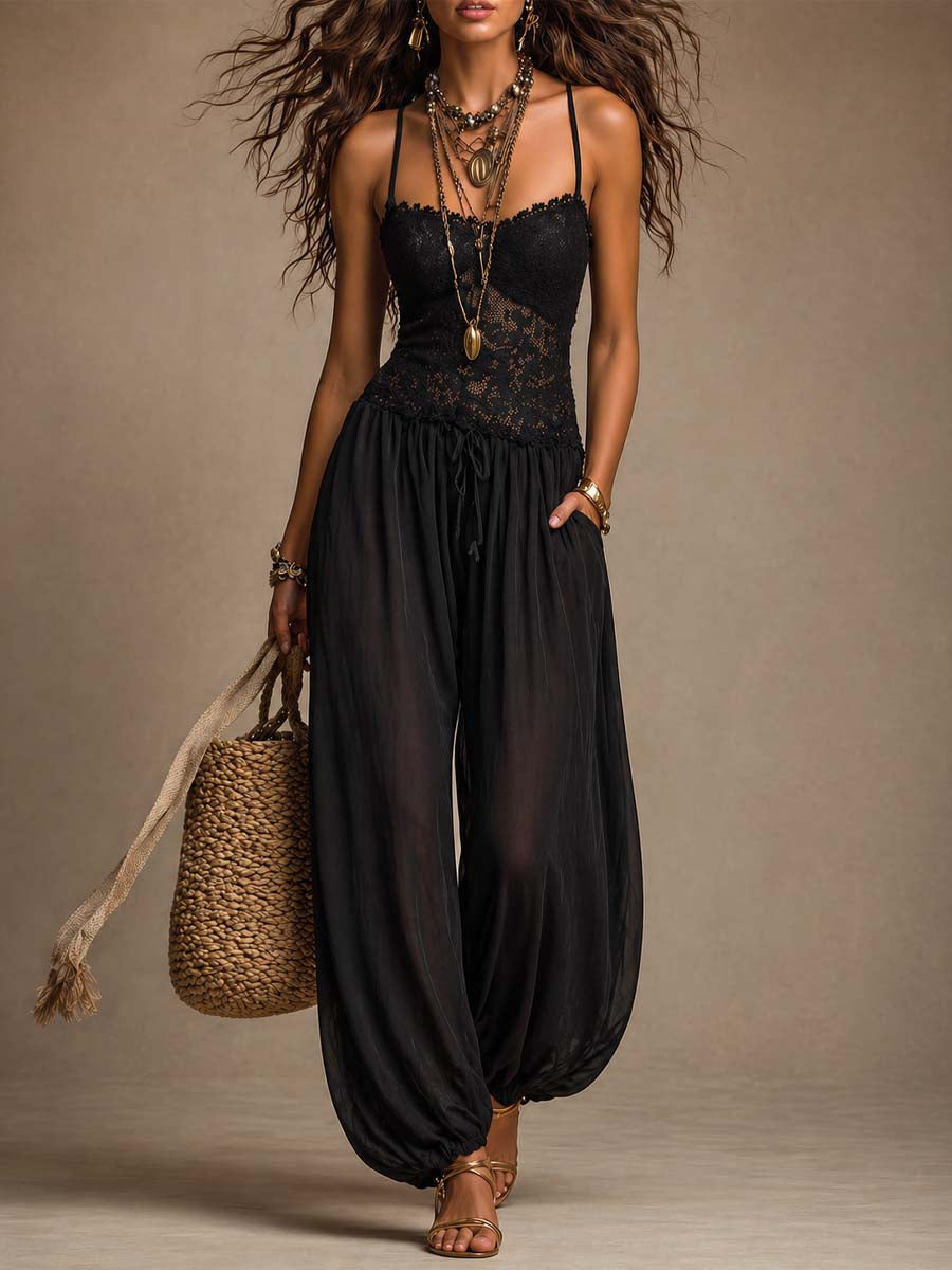 Black Lace and Chiffon Spaghetti-Strap Harem Jumpsuit