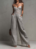 Bohemian Grey Lace-Trimmed Pleated Wide-Leg Jumpsuit
