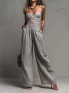 Bohemian Grey Lace-Trimmed Pleated Wide-Leg Jumpsuit