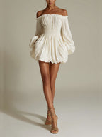 White off-shoulder ruched smocked-waist mini dress