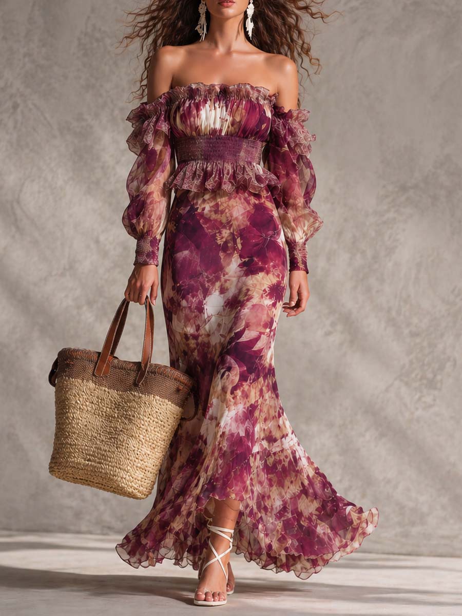 Rose Pink Floral Off-Shoulder Chiffon Maxi Dress