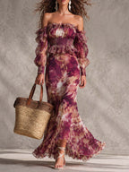 Rose Pink Floral Off-Shoulder Chiffon Maxi Dress