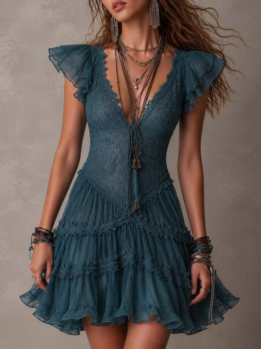 Retro Blue Lace & Chiffon Ruffled Mini Dress