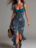 Blue Oil Painting Floral Print Midi Dress With Lace Trim