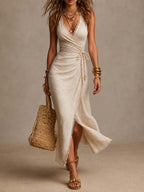 Beige faux-linen wrap maxi dress with lace trim