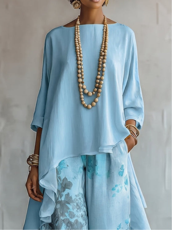 Blue Asymmetrical Top and Floral Wide-Leg Pants Set
