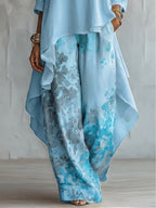 Blue Asymmetrical Top and Floral Wide-Leg Pants Set
