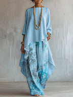 Blue Asymmetrical Top and Floral Wide-Leg Pants Set