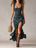 Bohemian Navy Printed Maxi Dress with Ruffled Sleeves