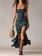 Bohemian Navy Printed Maxi Dress with Ruffled Sleeves