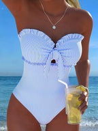 Slimming Strapless Striped and Checkered One-Piece Swimsuit