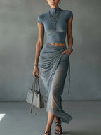 Blue Cropped T-Shirt and Sheer Mesh Draped Skirt Set